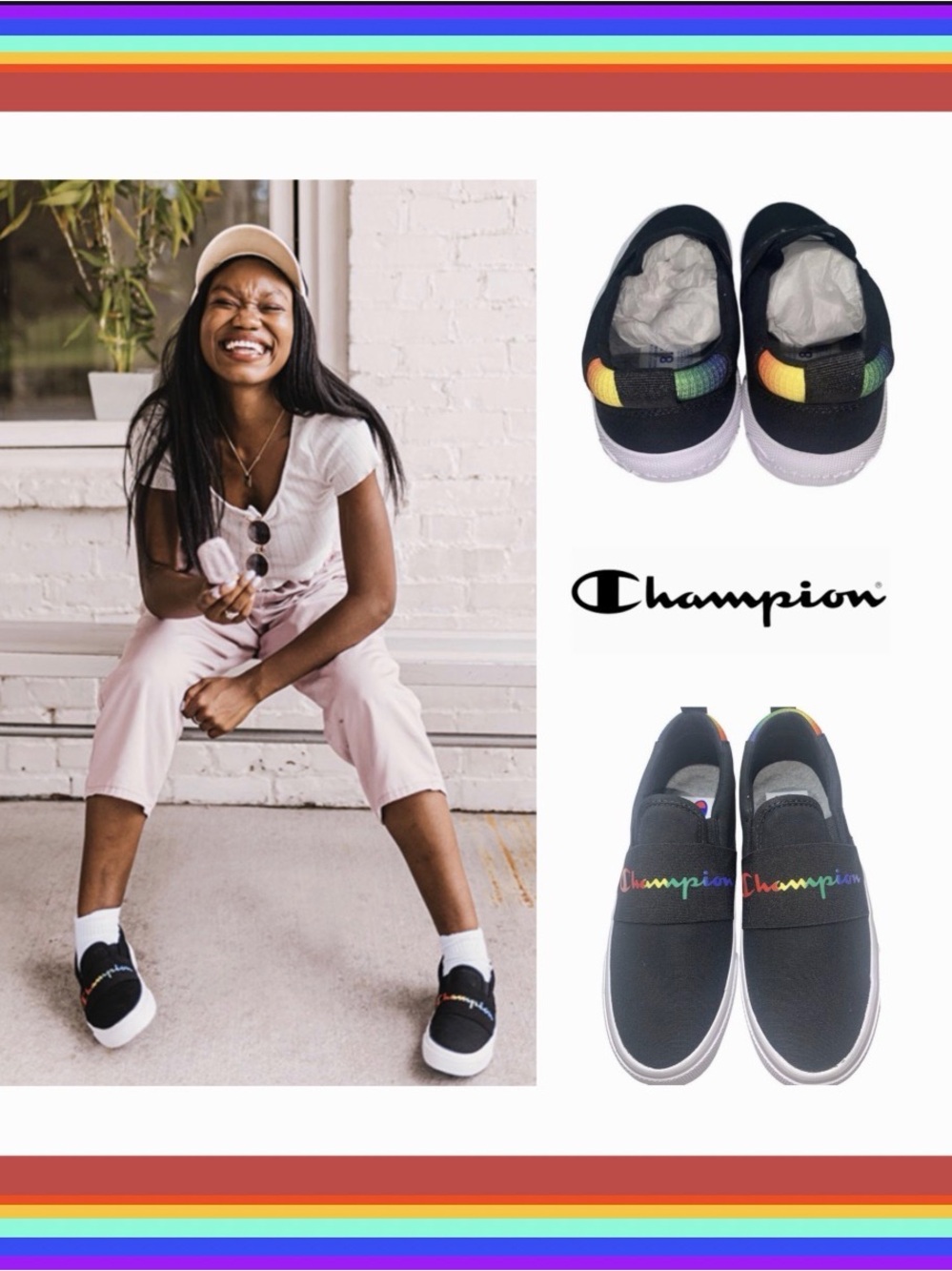 Champion Black Slip-On Sneakers with Rainbow Script Size 7